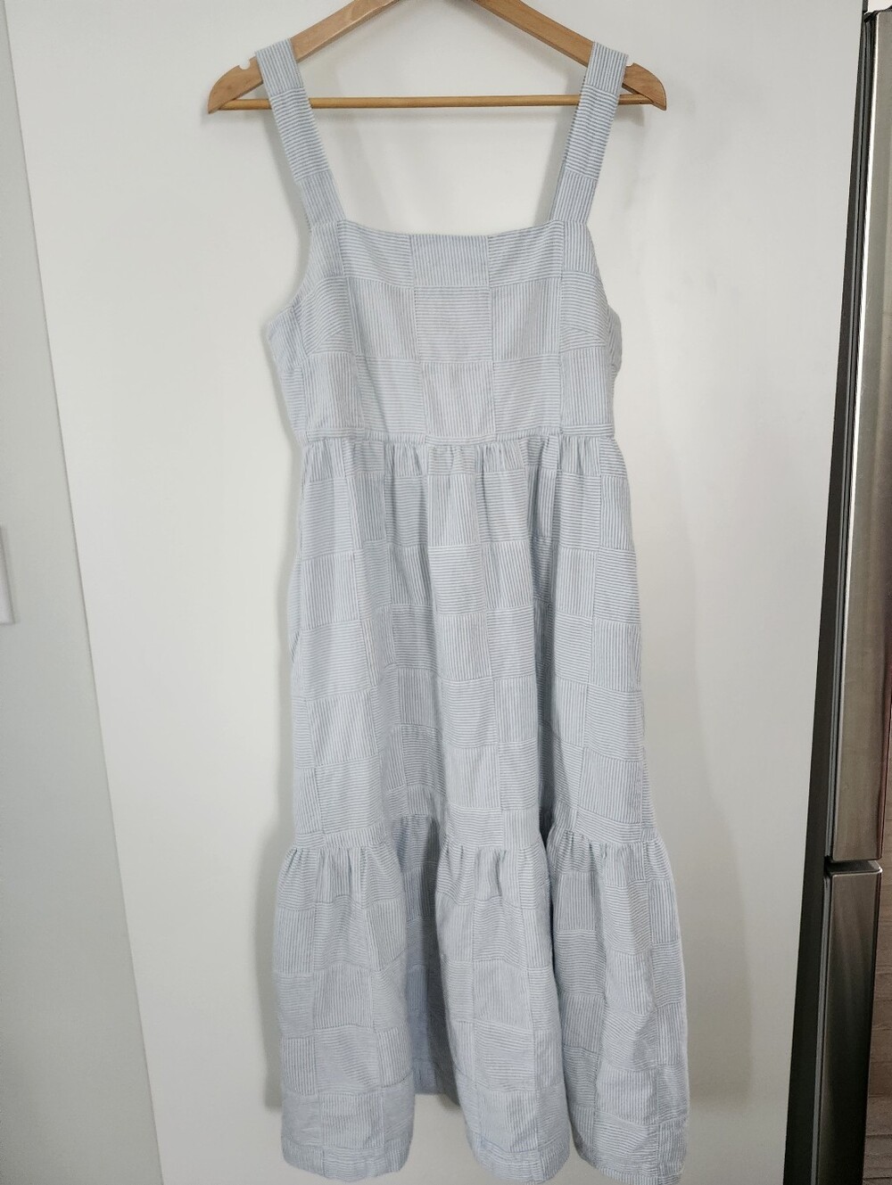 MADEWELL Seersucker Patchwork Tiered Midi Cotton Dress Sz 8 Cottagecore Coastal - Picture 2 of 15